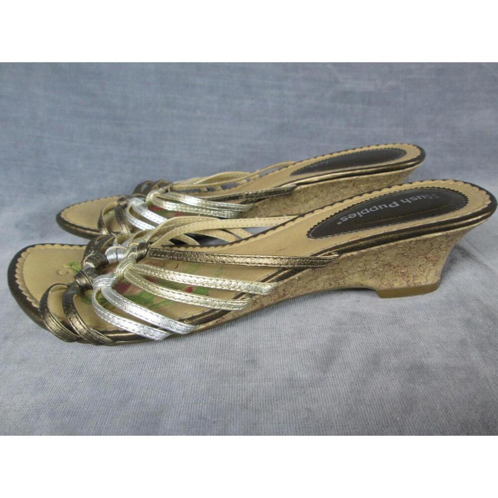 Hush Puppies Sandals Womens 6M Metallic Leather Slides Floral Insole Wedge Heels - Picture 3 of 8